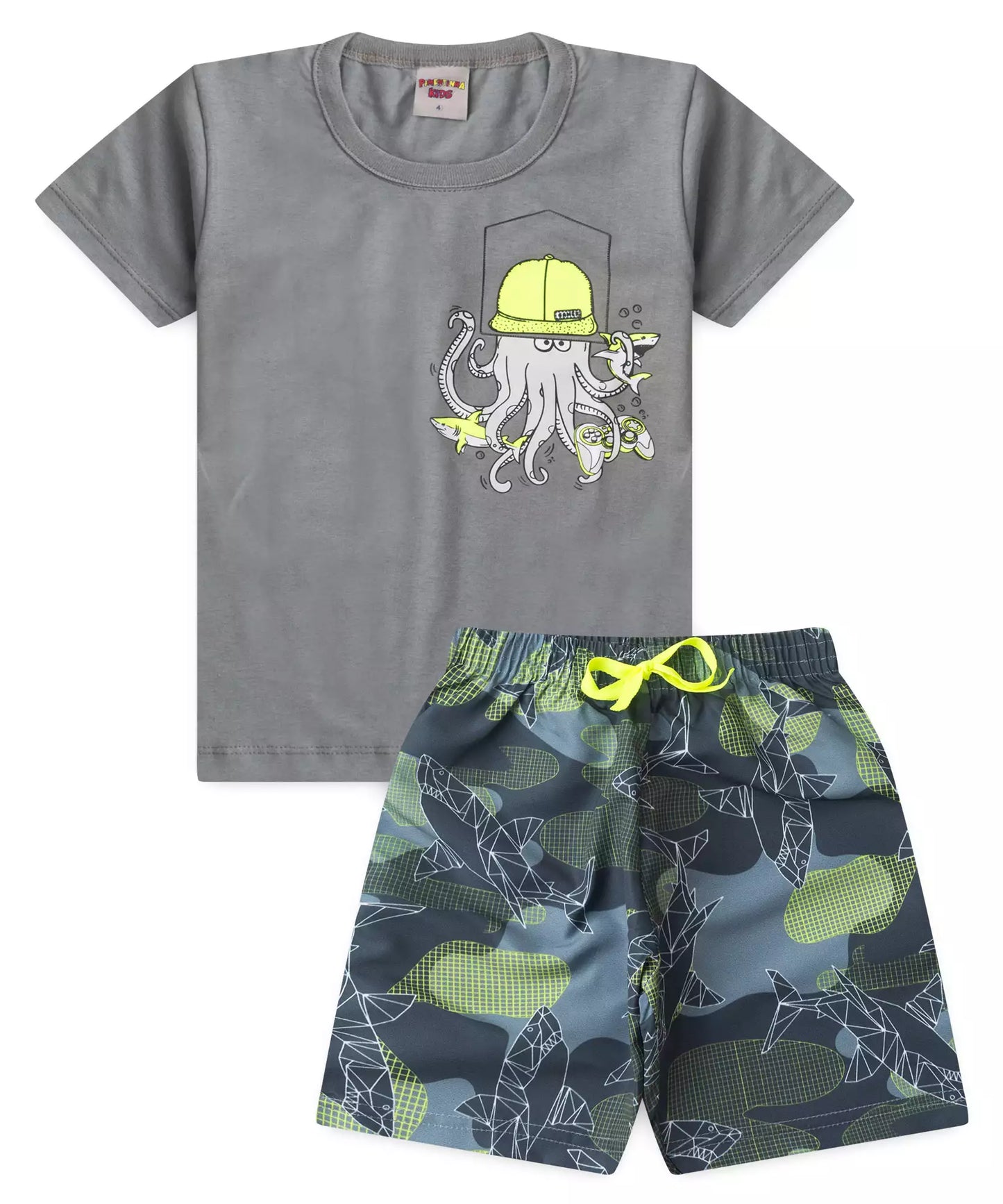 Conjunto de Verão Infantil Masculino Polvo Cinza
