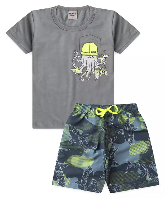 Conjunto de Verão Infantil Masculino Polvo Cinza