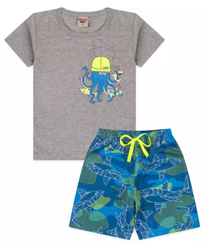 Conjunto de Verão Infantil Masculino Polvo Mescla