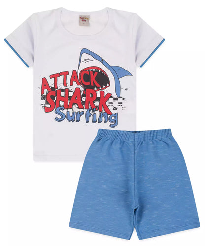 Conjunto de Verão Infantil Masculino Shark Branco