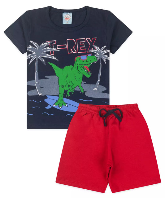 Conjunto de Verão Infantil Masculino T-Rex Marinho