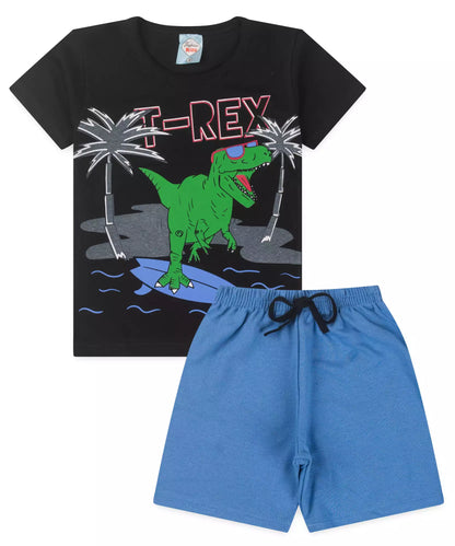 Conjunto de Verão Infantil Masculino T-Rex Preto