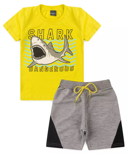 Conjunto de Verão Infantil Masculino Tubarão no Verde