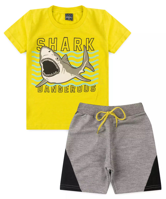 Conjunto de Verão Infantil Masculino Tubarão no Verde