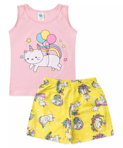 Conjunto de Verão Menina Gatinha no Balão Rosa