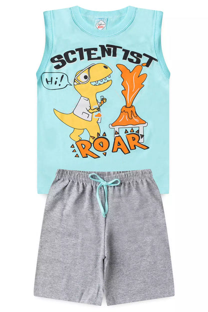 Conjunto de Verão Menino Dino Cientista Azul