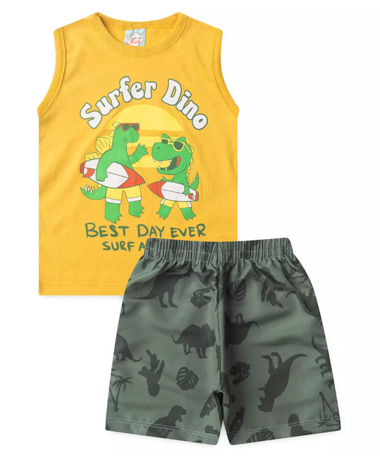 Conjunto de Verão Menino Surfer Dino Amarelo