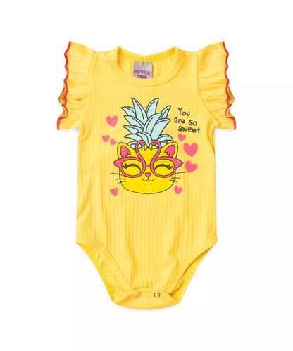 Conjunto de Verão para Bebê Menina no Gatinho no Amarelo