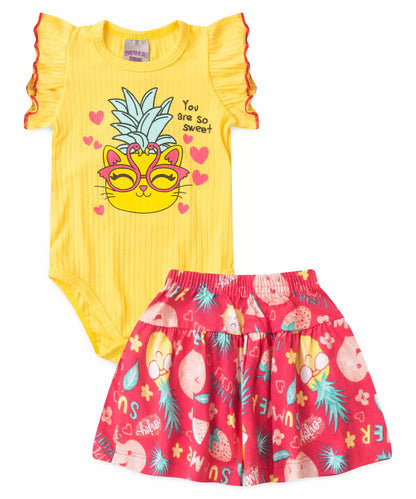 Conjunto de Verão para Bebê Menina no Gatinho no Amarelo