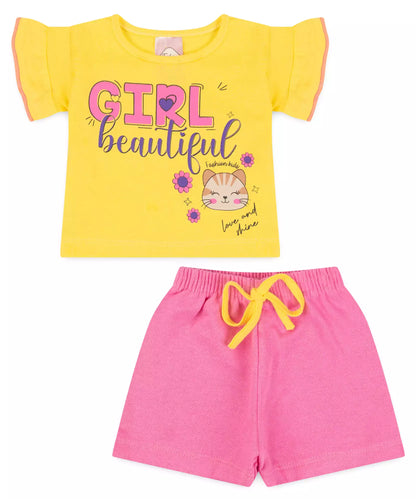 Conjunto de Verão para Bebê Menina Gatinho no Amarelo
