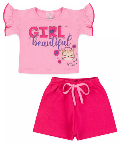 Conjunto de Verão para Bebê Menina Gatinho no Rosa