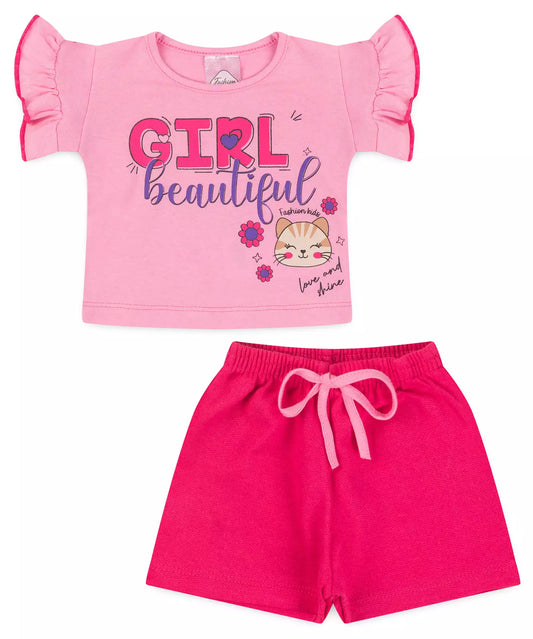 Conjunto de Verão para Bebê Menina Gatinho no Rosa
