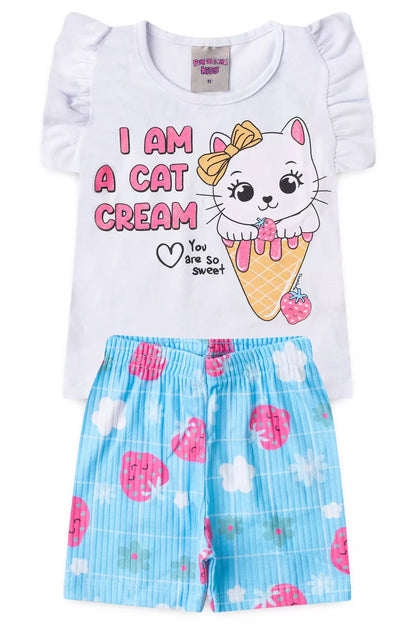 Conjunto de Verão para Bebê Menina Gato Branco
