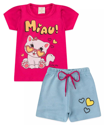 Conjunto de Verão para Bebê Menina Gato Pink