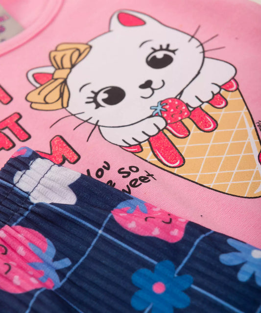 Conjunto de Verão para Bebê Menina Gato cor Rosa