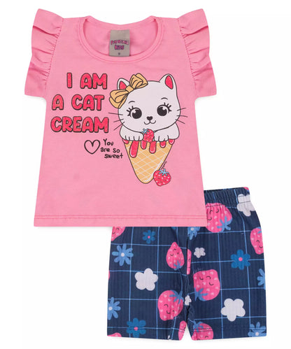 Conjunto de Verão para Bebê Menina Gato cor Rosa