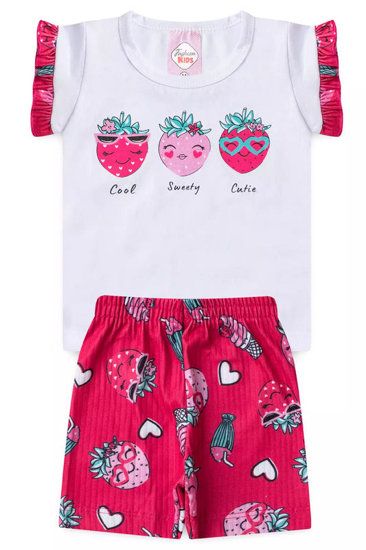 Conjunto de Verão para Bebê Menina Morango Branco