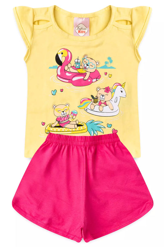 Conjunto de Verão para Bebê Menina Ursinhos no Mar Amarelo