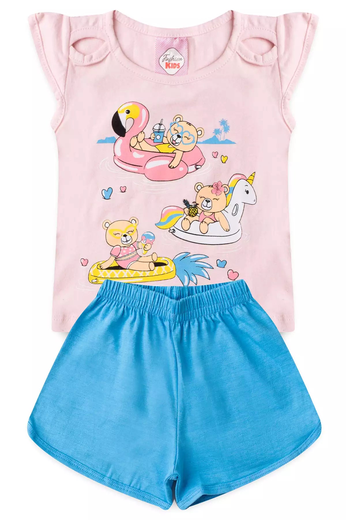 Conjunto de Verão para Bebê Menina Ursinhos no Mar Rosa