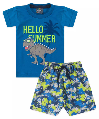 Conjunto de Verão para Bebê Menino Azul Dinossauro