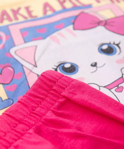 Conjunto de Verão para Menina Cute Cat Amarelo