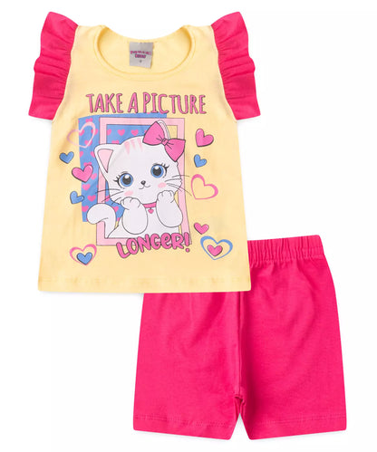 Conjunto de Verão para Menina Cute Cat Amarelo
