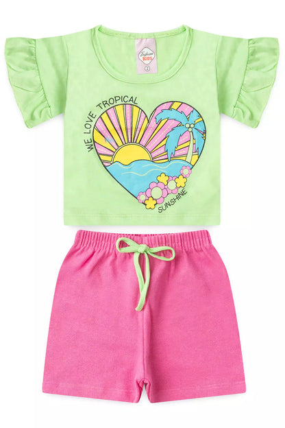 Conjunto de Verão para Menina Coração Verde