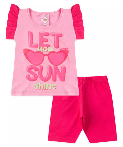 Conjunto de Verão para Menina Estampado com Glitter Rosa