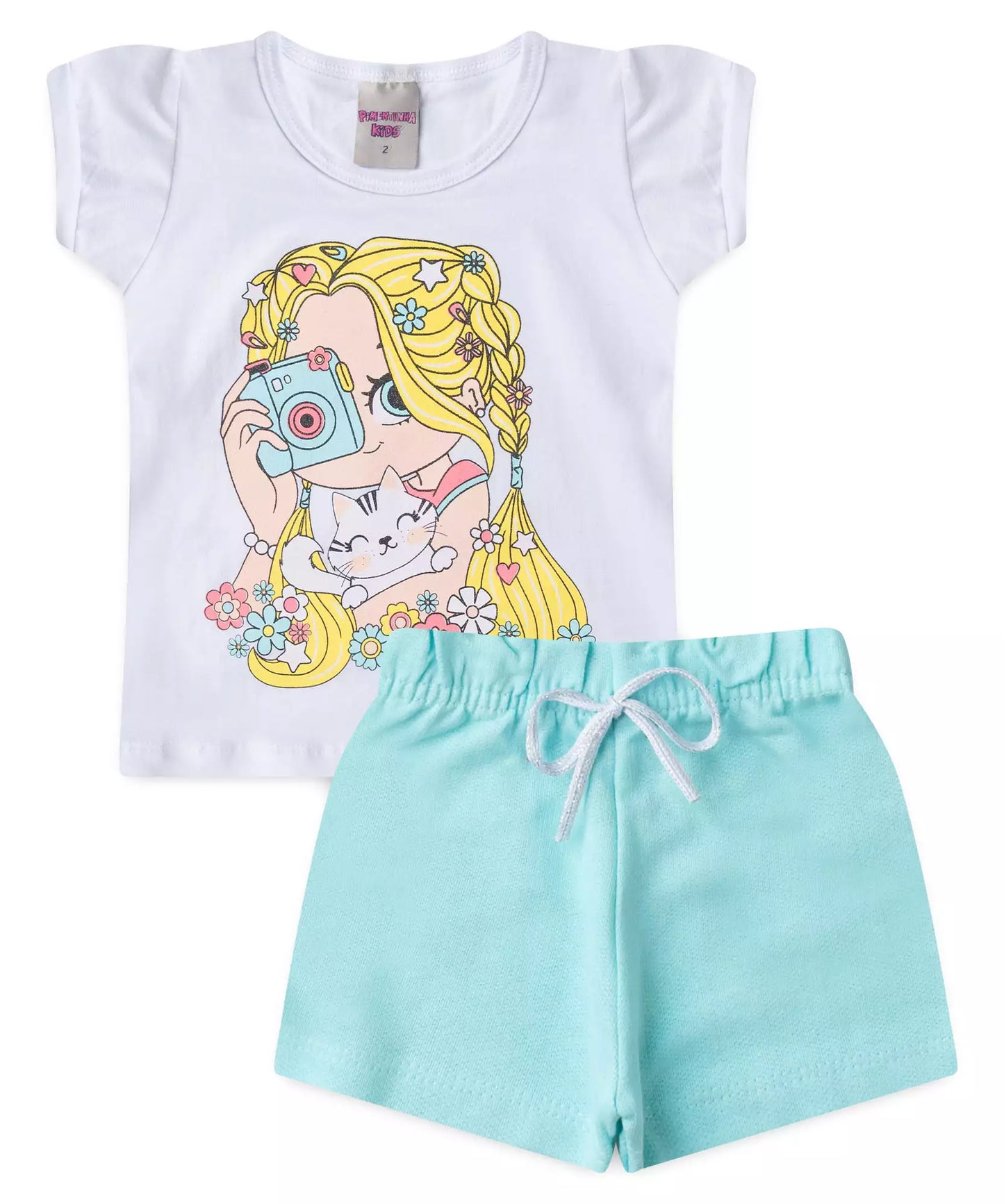 Conjunto de Verão para Menina Foto Gatinho Branco
