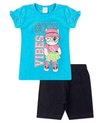 Conjunto de Verão para Menina Gatinha Azul