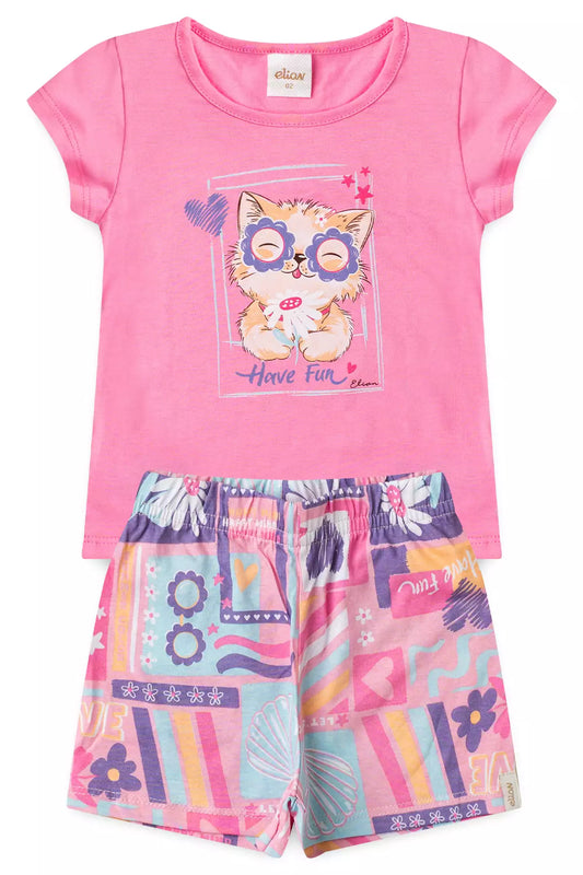 Conjunto de Verão para Menina Gatinha Charmosa Rosa