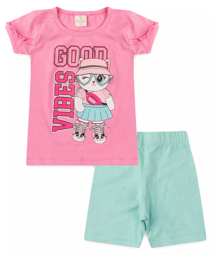 Conjunto de Verão para Menina Gatinha Rosa