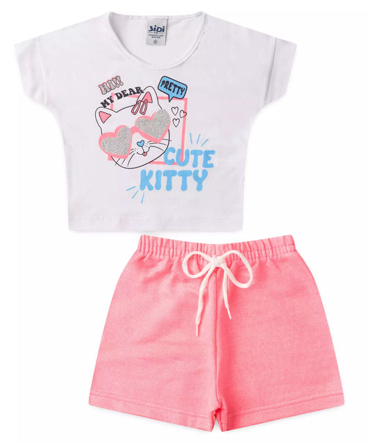 Conjunto de Verão para Menina no Gatinho em Branco