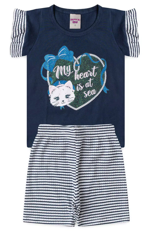 Conjunto de Verão para Menina Gatinho My Heart Marinho