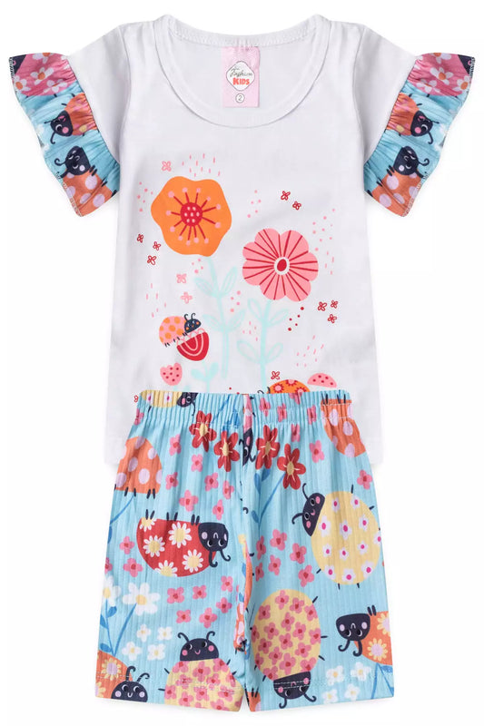 Conjunto de Verão para Menina Joaninha no Jardim Branco