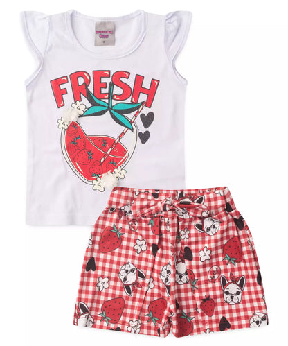 Conjunto de Verão para Menina Morangos Branco