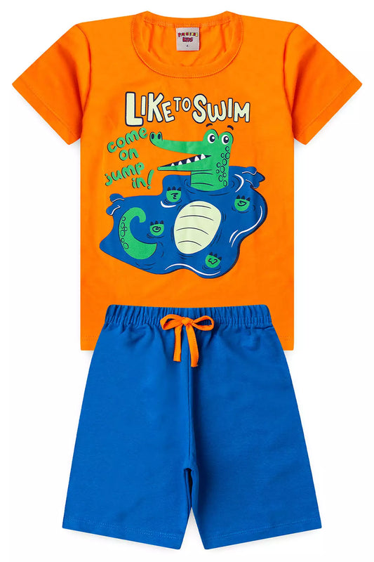 Conjunto de Verão para Menino Jacaré Nadador Laranja