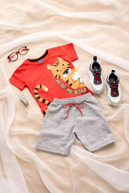 Conjunto de Verão para Menino Tigre no Vermelho