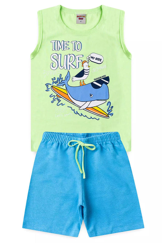 Conjunto de Verão para Menino Tubarão Surf Verde