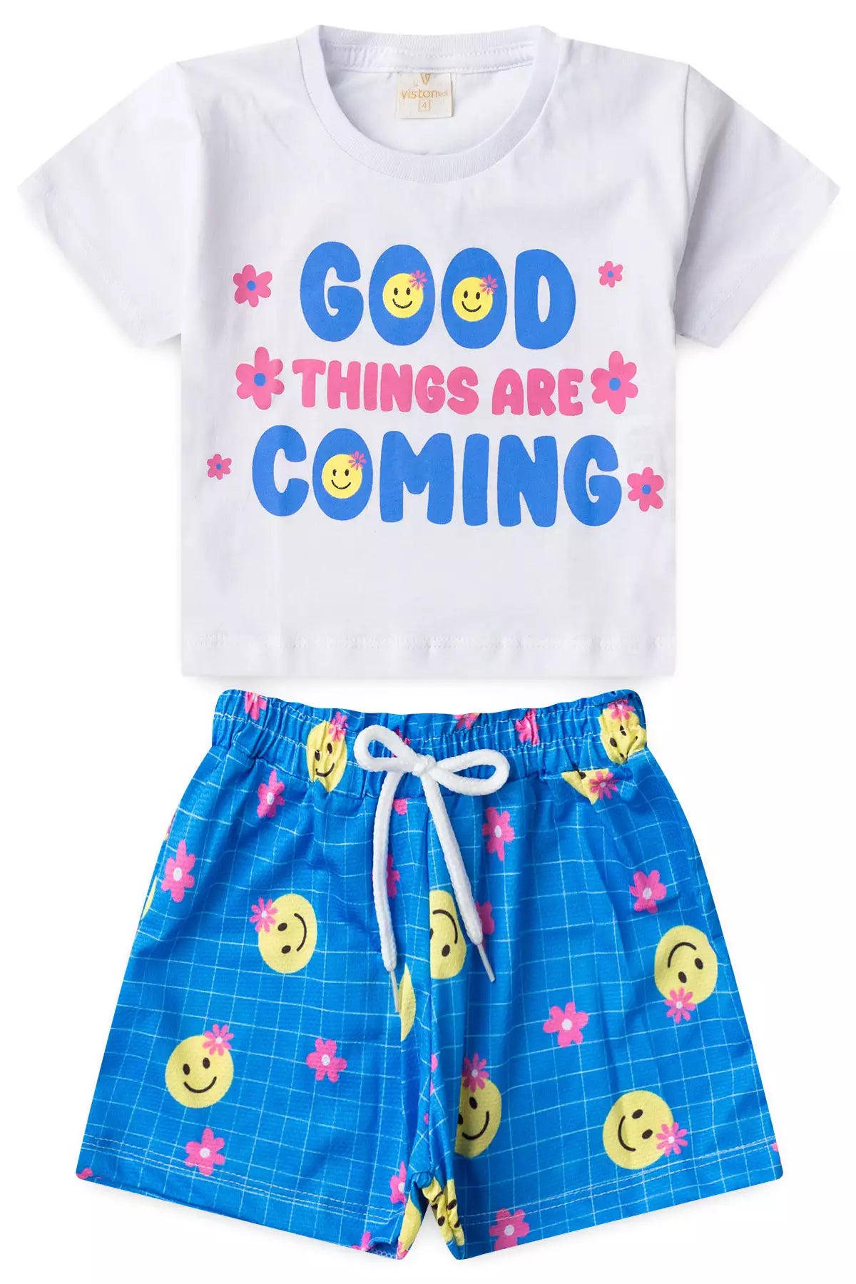 Conjunto de Verão Infantil Feminino Emojis Branco