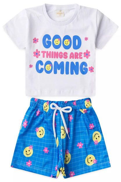 Conjunto de Verão Infantil Feminino Emojis Branco