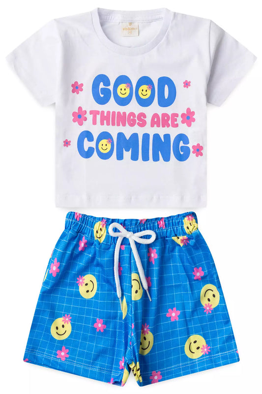 Conjunto de Verão Infantil Feminino Emojis Branco