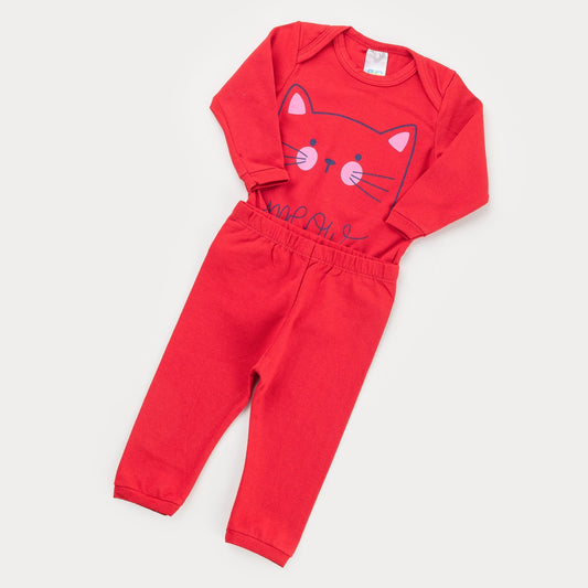 Conjunto de Inverno Vermelho para Bebê Menina Body Gatinho e Calça Básica