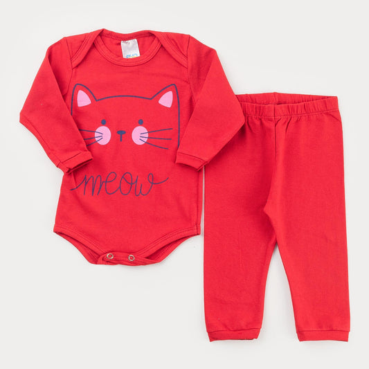 Conjunto de Inverno Vermelho para Bebê Menina Body Gatinho e Calça Básica
