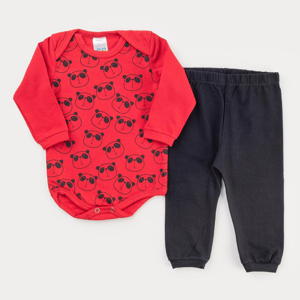 Conjunto de Inverno para Bebê Menino Body Vermelho Panda e Calça Preta