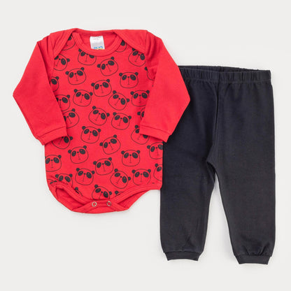 Conjunto de Inverno para Bebê Menino Body Vermelho Panda e Calça Preta