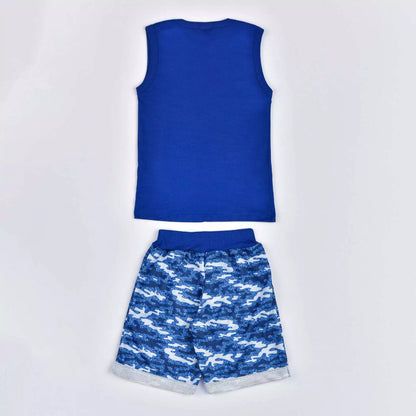 Conjunto Infantil Masculino Regata Azul Estampada e Short Militar