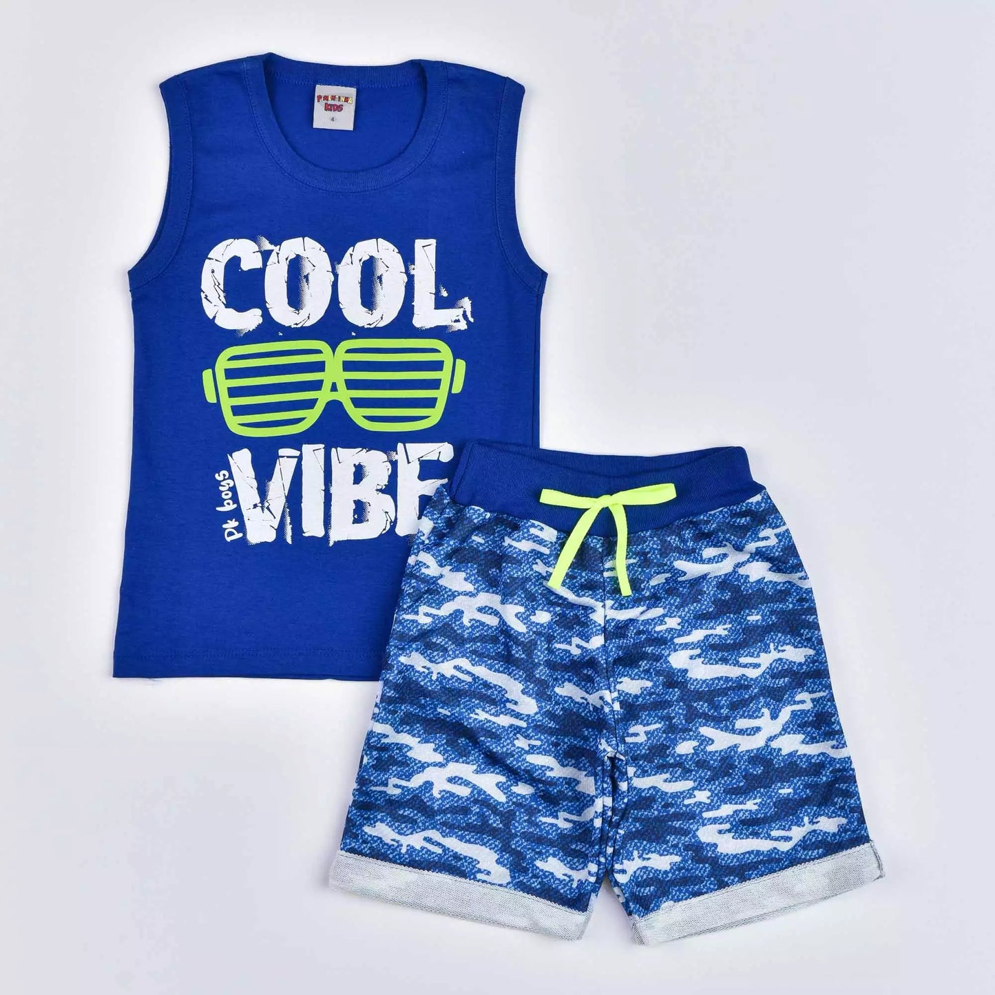 Conjunto Infantil Masculino Regata Azul Estampada e Short Militar