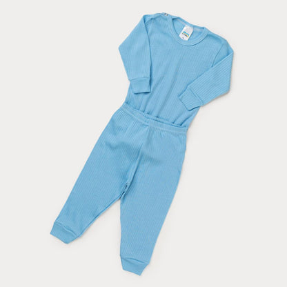 Conjunto Body Manga Longa e Calça Azul em Ribana para Bebê Menino