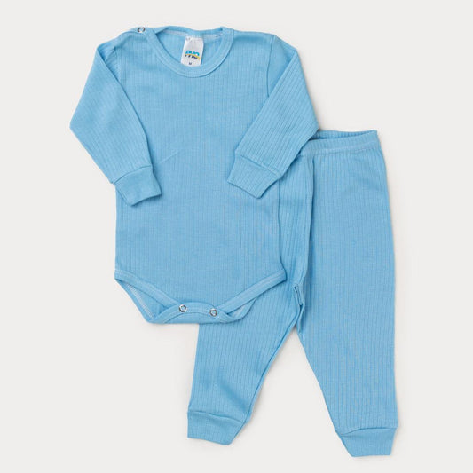 Conjunto Body Manga Longa e Calça Azul em Ribana para Bebê Menino
